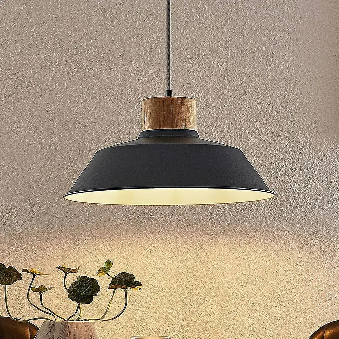 Lindby Pendelleuchte Nefeli - L x B x H: 42 x 42 x 14 cm, schwarz, sandSchwarz, holz dunkel, weiß, E27