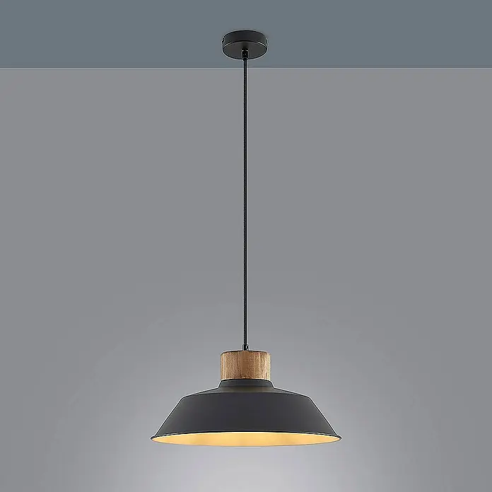 Lindby Pendelleuchte Nefeli - L x B x H: 42 x 42 x 14 cm, schwarz, sandSchwarz, holz dunkel, weiß, E27