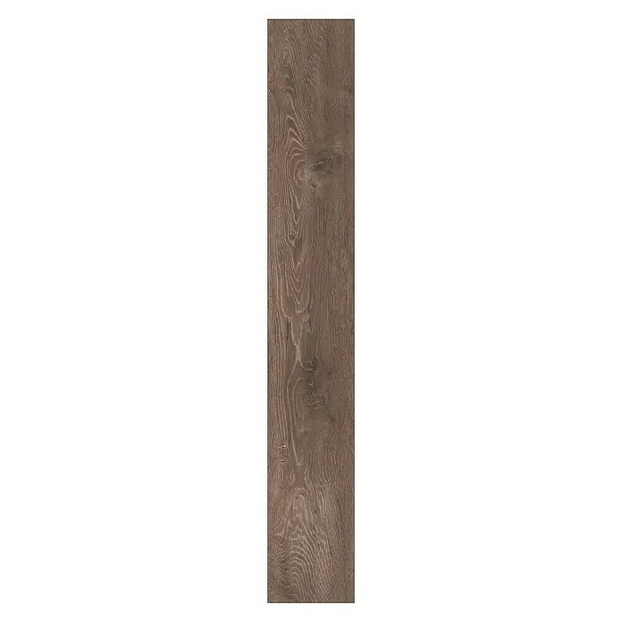 LOGOCLIC Aquaprotect Laminatmuster Night Oak - 290 x 200 x 8 mm, Landhausdiele - Ansicht einer einzelnen braunen Holzdiele mit auffälliger Maserung und natürlicher Farbgebung, ideal für Bodenbeläge.