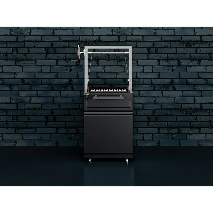 Kingstone Cube Holzkohlegrill - Grillfläche (B x T): 49 x 44 cm, Schwarz - Argentinischer Grill mit Hebevorrichtung vor einer Ziegelwand. Der Grill ist schwarz und hat einen silbernen Hebeapparat.
