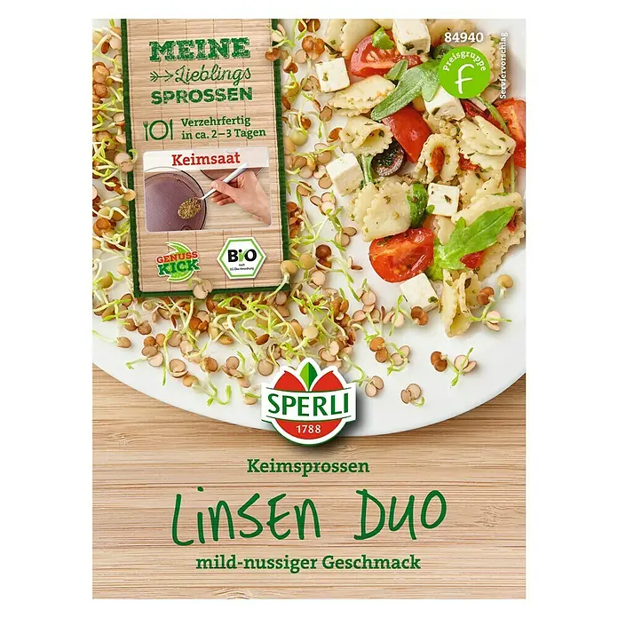 Sperli Gemüsesamen Keimsprossen - Linsen Duo, Lens culinaris, Erntezeit: Ganzjährig - Abbildung der Keimsprossen "Linsen Duo" von Sperli, die eine milde und nussige Geschmacksrichtung haben.