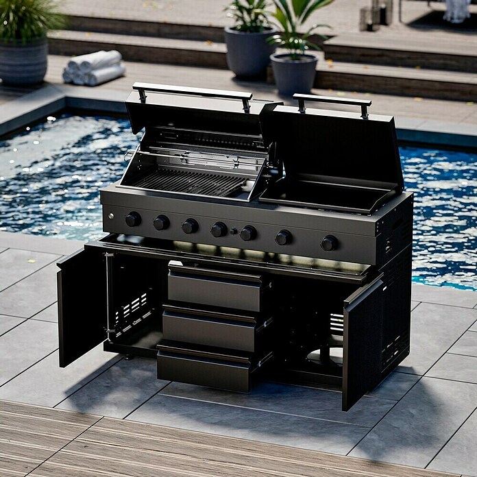 Kingstone Cube Outdoorküche 4500 (Schwarz, Material Grillfläche: Gusseisen, Anzahl Brenner: 7) | BAUHAUS