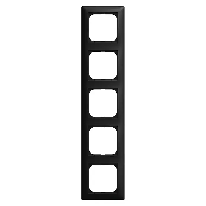 Busch-Jaeger Balance SI Abdeckrahmen 1725-915 - Schwarz matt, 5-fach, Kunststoff, Klemmen - Nahaufnahme eines modularen Patchpanels. Das Patchpanel ist schwarz und hat fünf leere Ports. Ideal für Netzwerkverkabelungen.