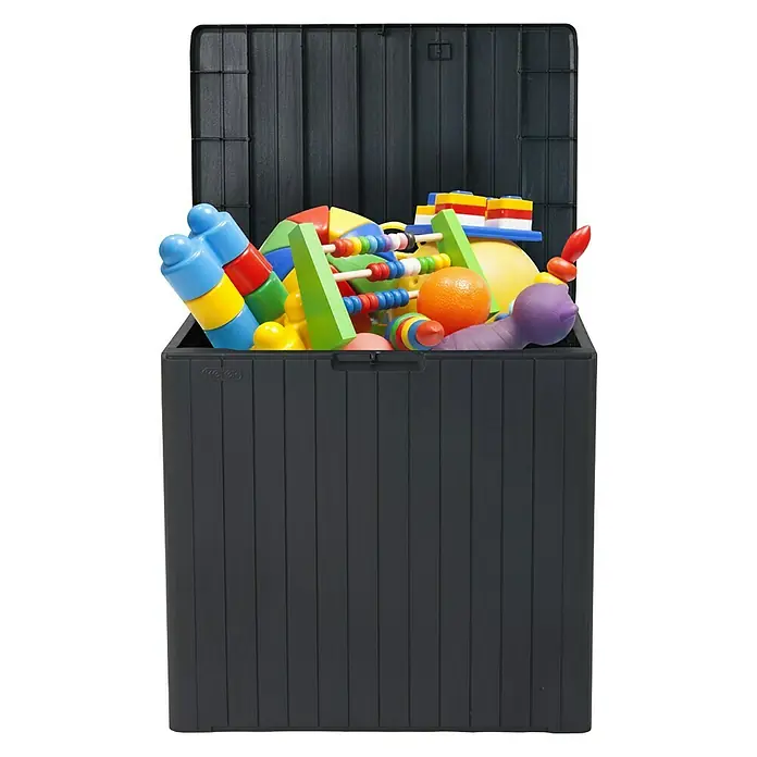 Keter Gartenbox City Box - L x B x H: 44 x 57,8 x 55 cm, Kunststoff, Anthrazit - Ein schwarzer, offener Spielzeugkasten ist bis zum Rand mit Spielzeug gefüllt. Praktisch für Ordnung im Kinderzimmer.