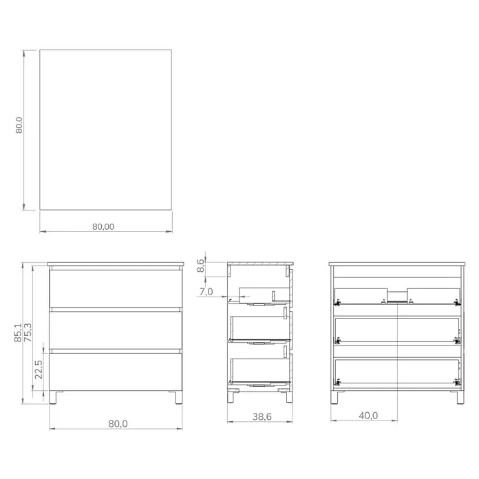 Conjunto de mueble de baño Inter F39 - Ancho: 80 cm, Nebraska, 3 pzs. - Dibujo técnico de un mueble de baño con tres cajones, vista lateral y superior incluyendo dimensiones.