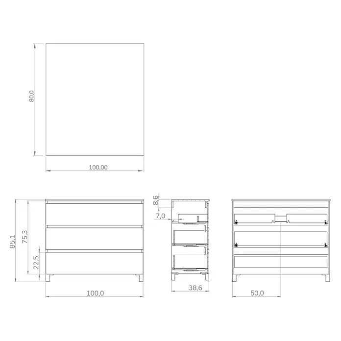 Conjunto de mueble de baño Inter F39 - Ancho: 100 cm, Nebraska, 3 pzs. - Dibujo técnico de un mueble de baño con cajones con dimensiones de 100x50x85,1 cm.