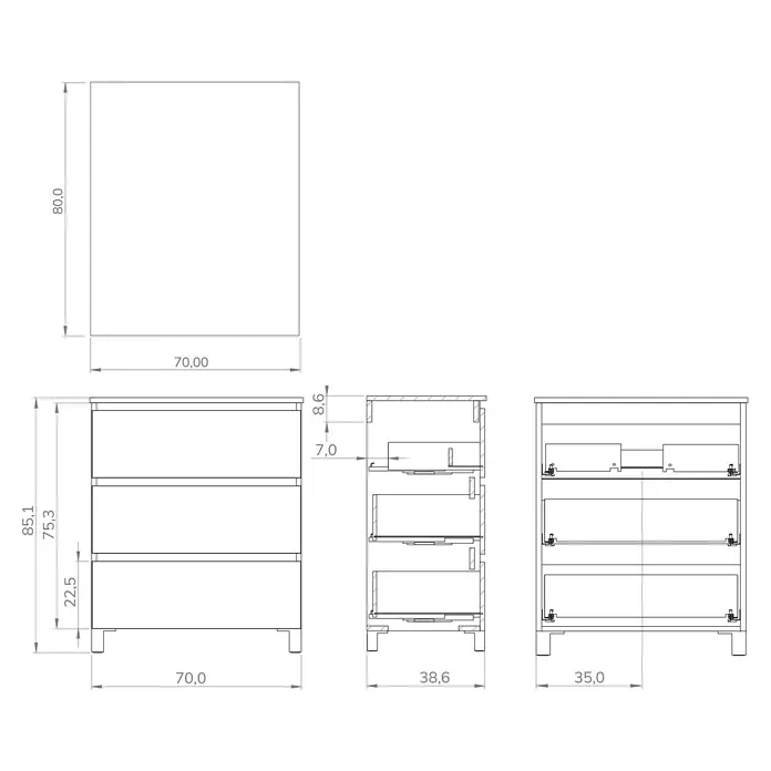 Conjunto de mueble de baño Inter F39 - Ancho: 70 cm, Nebraska, 3 pzs. - Dibujo técnico de un mueble de baño con tres cajones, mostrando diferentes vistas y dimensiones.