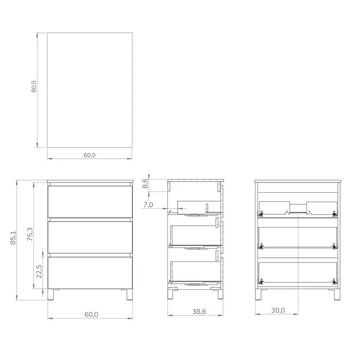 Conjunto de mueble de baño Inter F39 - Ancho: 60 cm, Roble, 3 pzs. - Diseño técnico de un mueble de baño con cajones y especificaciones de medidas.