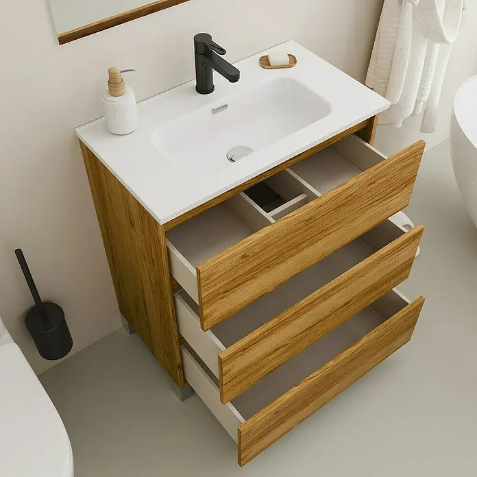 Conjunto de mueble de baño Inter F39 - Ancho: 70 cm, Roble, 3 pzs. - Un moderno mueble de lavabo con chapa de madera abierta y tres cajones ofrece un elegante espacio de almacenamiento en el baño.