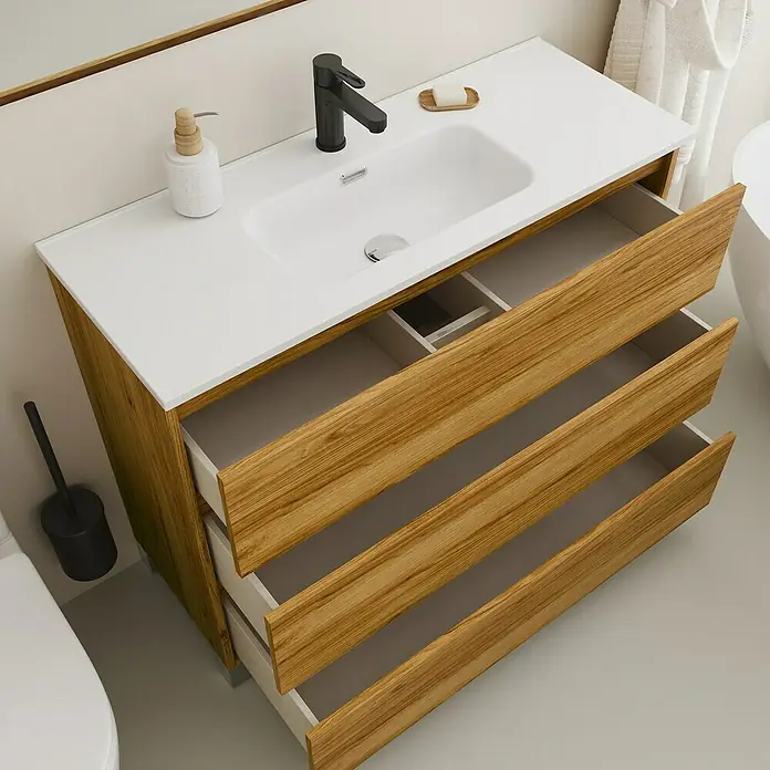 Conjunto de mueble de baño Inter F39 - Ancho: 100 cm, Roble, 3 pzs. - Un mueble de baño con cajones de madera abiertos, estilo moderno. Ideal para cualquier baño. Diseño elegante.