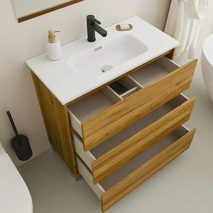 Conjunto de mueble de baño Inter F39 - Ancho: 80 cm, Roble, 3 pzs. - Moderno lavabo de baño con tres cajones con aspecto de madera y grifo negro. Práctico mueble de baño con mucho espacio de almacenamiento.