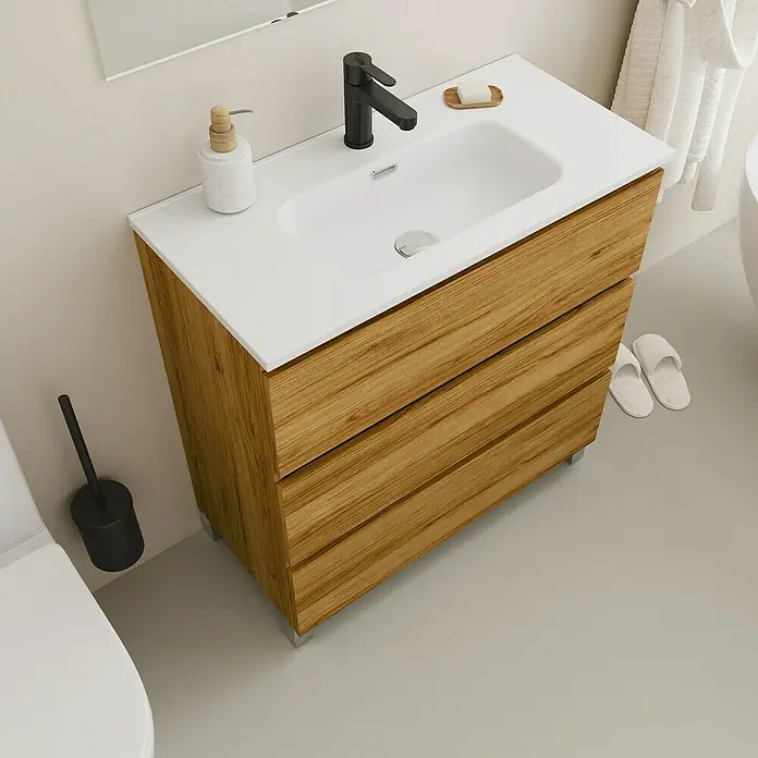 Conjunto de mueble de baño Inter F39 - Ancho: 80 cm, Roble, 3 pzs. - Mueble de baño moderno con acabado de madera y lavabo sobre encimera blanco, que combina estilo y funcionalidad en el baño.