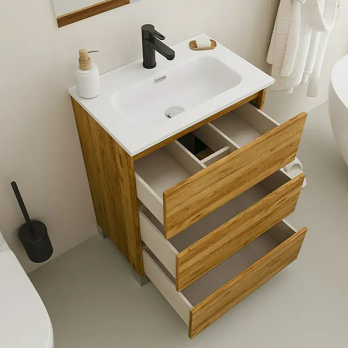 Conjunto de mueble de baño Inter F39 - Ancho: 60 cm, Roble, 3 pzs. - Mueble de baño con lavabo, estructura de madera y cajones abiertos para guardar utensilios de baño.