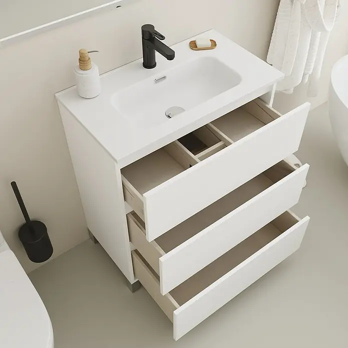 Conjunto de mueble de baño Inter F39 - Ancho: 70 cm, Blanco, 3 pzs. - Un mueble de baño blanco con cajones abiertos, que ofrece un amplio espacio de almacenamiento en un diseño moderno y funcional.