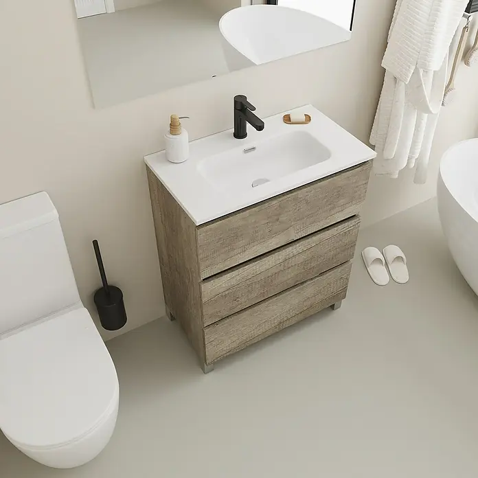 Conjunto de mueble de baño Inter F39 - Ancho: 70 cm, Nebraska, 3 pzs. - Tocador de baño con acabado efecto madera, con grifo negro, dispensador de jabón y toallas.