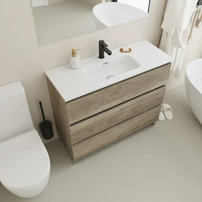Conjunto de mueble de baño Inter F39 - Ancho: 100 cm, Nebraska, 3 pzs. - Tocador de baño con mueble de tres cajones y lavabo sobre encimera blanco con grifo negro.
