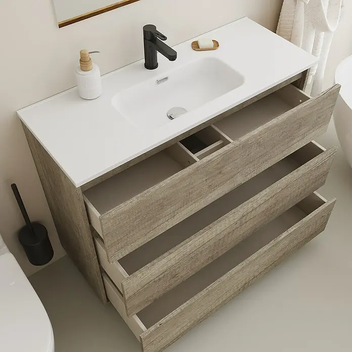 Conjunto de mueble de baño Inter F39 - Ancho: 100 cm, Nebraska, 3 pzs. - Lavabo de baño moderno con tres cajones y un aspecto de madera elegante para un ambiente elegante en el baño.