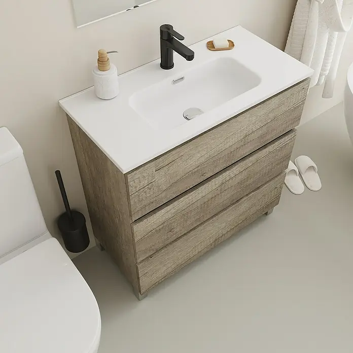 Conjunto de mueble de baño Inter F39 - Ancho: 80 cm, Nebraska, 3 pzs. - Mueble de baño con gabinetes de efecto madera y un lavabo blanco, complementado con accesorios modernos para un aspecto elegante.