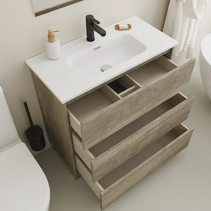 Conjunto de mueble de baño Inter F39 - Ancho: 80 cm, Nebraska, 3 pzs. - Mueble de baño moderno con tres cajones en aspecto de madera y lavabo sobre encimera blanco para un ambiente de baño elegante.
