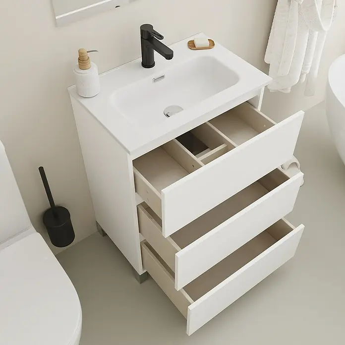 Conjunto de mueble de baño Inter F39 - Ancho: 60 cm, Blanco, 3 pzs. - Un moderno tocador de baño blanco con un lavabo y tres cajones abiertos para guardar cosas. El diseño es elegante y funcional.