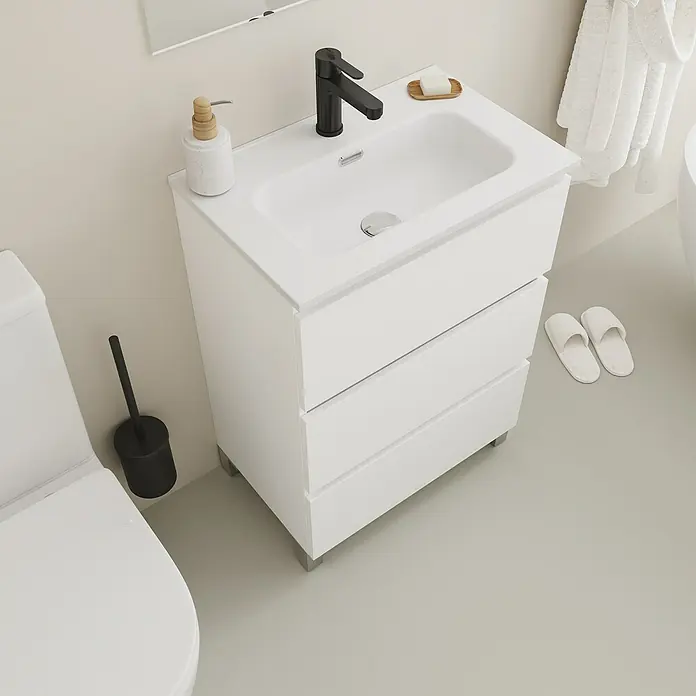 Conjunto de mueble de baño Inter F39 - Ancho: 60 cm, Blanco, 3 pzs. - Un moderno tocador de baño blanco con lavabo y tres cajones, que ofrece un elegante almacenamiento en el baño.