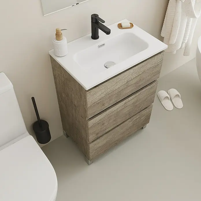 Conjunto de mueble de baño Inter F39 - Ancho: 60 cm, Nebraska, 3 pzs. - Un moderno mueble de baño con acabado de aspecto de madera y un lavabo blanco. La unidad cuenta con cajones y accesorios minimalistas.