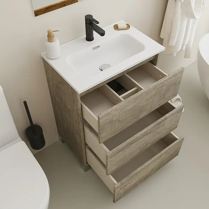 Conjunto de mueble de baño Inter F39 - Ancho: 60 cm, Nebraska, 3 pzs. - Un tocador de baño con cajones abiertos y un diseño moderno, con una encimera clara y un grifo oscuro.