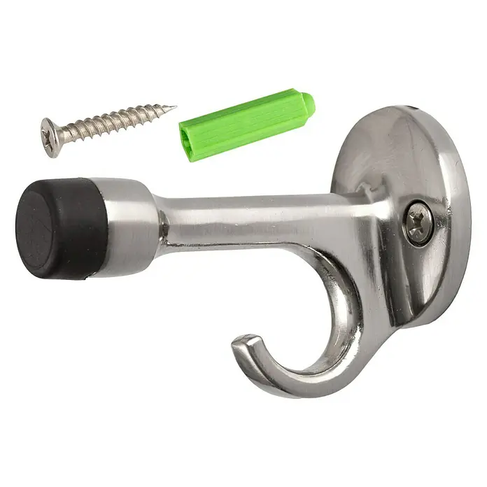Wandtürstopper L-Form 40x75 mm - B x L: 40 x 75 mm, Montageart: Schrauben, Silber/Schwarz - Ein silberner Türstopper mit Haken, Schraube und Dübel zur sicheren Befestigung an der Wand, ideal für den Innenbereich.