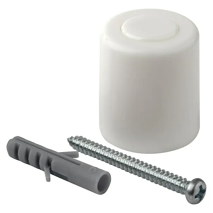Türstopper 24x30 mm, schraubbar - Ø x H: 24 x 30 mm, Weiß, 2 Stk. - Nahaufnahme einer Türstopper-Garnitur, bestehend aus einem weißen Stopper, einer Schraube und einem Dübel.