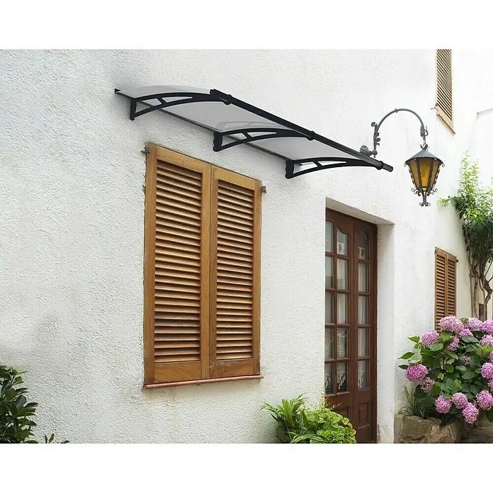 Palram – Canopia Marquesina para puerta Aquila - 205,5 x 91,5 x 17,5 cm, Gris antracita, Color del techo: Claro - Un elegante toldo de puerta con un marco negro elegante y una cubierta transparente ofrece protección y estilo.