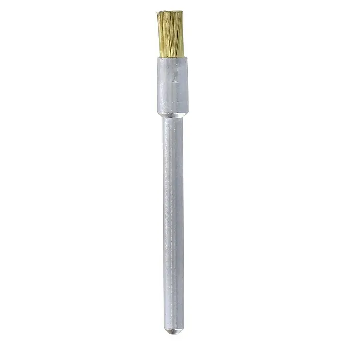 Dremel Messingbürste 537 - Kopfform: Pinselkopf, Arbeitsdurchmesser: 3,2 mm, 3 Stk. - Detailaufnahme einer Drahtbürste mit Messingborsten, ideal zum Reinigen und Polieren von kleinen Oberflächen und schwer zugänglichen Stellen.