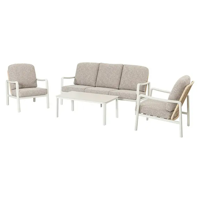 Sunfun Conjunto de muebles Bruna - 4 pzs., Ratán sintético/Aluminio/Poliéster, Beige/Gris - Un elegante juego de muebles de patio que incluye un sofá, dos sillas y una mesa, perfecto para relajarse al aire libre.
