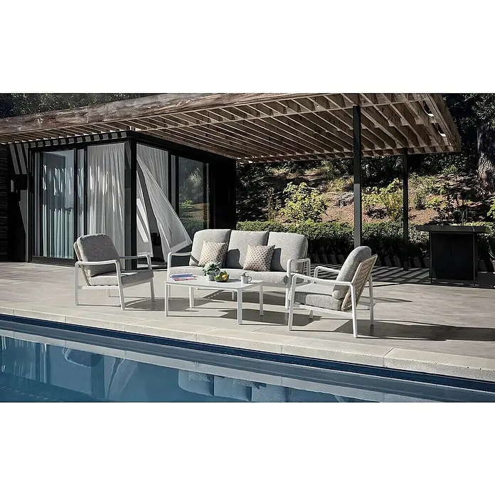 Sunfun Conjunto de muebles Bruna - 4 pzs., Ratán sintético/Aluminio/Poliéster, Beige/Gris - Diseño de terraza acogedora con muebles de salón y una mesa de centro junto a una refrescante piscina para horas de relax al aire libre.