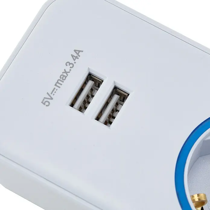 Blaupunkt Steckdosenleiste - 4-fach, 2 USB-Anschlüsse, Weiß, Kabellänge: 2 m, Mit Schalter - Nahaufnahme einer weißen USB-Ladestation mit zwei USB-Anschlüssen und Spezifikationen für die Stromversorgung.