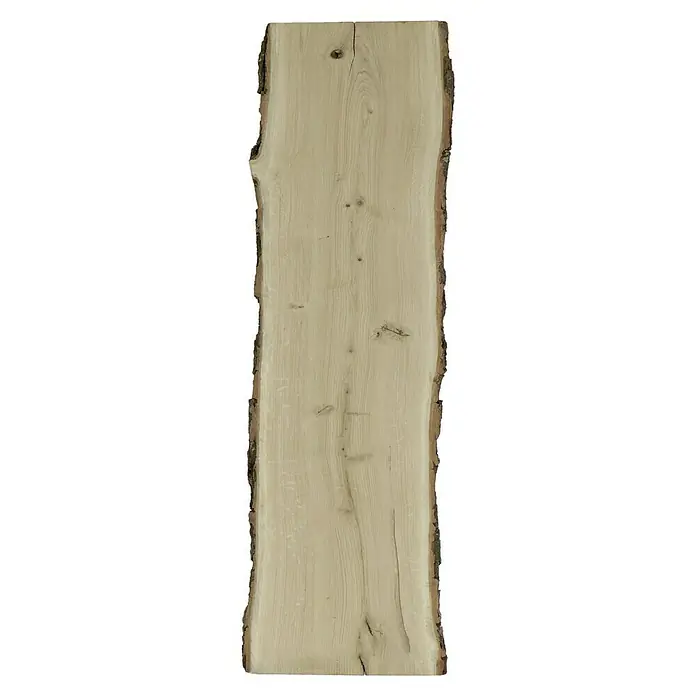 Blockware - Eiche, Anfallende Breite: 30 cm - 35 cm, 120 x 2,6 cm - Ein natürliches Stück Holz mit deutlichen Maserungen und einer rustikalen Baumkante, ideal für dekorative Zwecke oder Möbelbau.