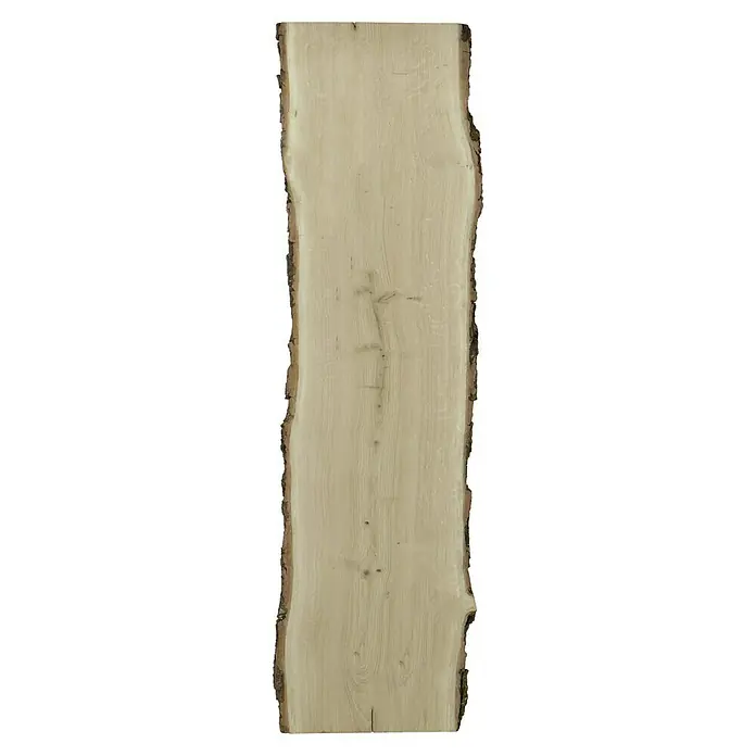BlockwareEiche, Anfallende Breite: 36 cm - 40 cm, 200 x 2,6 cm - Nahaufnahme einer Holzplattentischplatte mit ihrer natürlichen Form und Textur, ideal für rustikale Möbeldesigns.