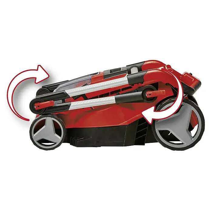 Einhell Power X-Change 18V Akku-Rasenmäher GE-CM 36/37 Li-Solo - 18 V, Ohne Akku, Schnittbreite: 37 cm - Zusammengeklappter Einhell Rasenmäher, um seine kompakte Lagerung zu demonstrieren. Die Pfeile zeigen den Klappmechanismus.