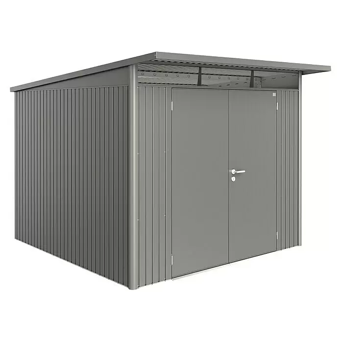 Biohort AvantGarde Gerätehaus A7 - Außenmaß inkl. Dachüberstand (B x T): 260 x 300 cm, Stahl, Quarzgrau Metallic, Doppeltür - Diagonale Ansicht
