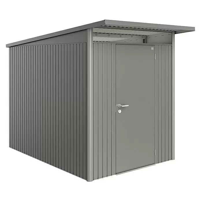Biohort AvantGarde Gerätehaus AvantGarde A3 - Außenmaß inkl. Dachüberstand (B x T): 180 x 300 cm, Stahl, Quarzgrau Metallic, Einzeltür - Diagonale Ansicht