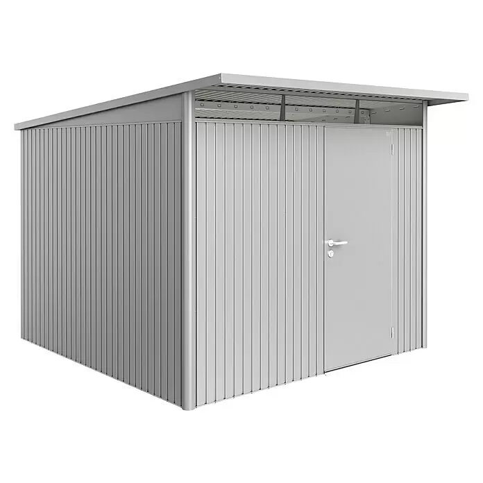 Biohort AvantGarde Gerätehaus A7 - Außenmaß inkl. Dachüberstand (B x T): 260 x 300 cm, Stahl, Silber Metallic, Einzeltür - Diagonale Ansicht