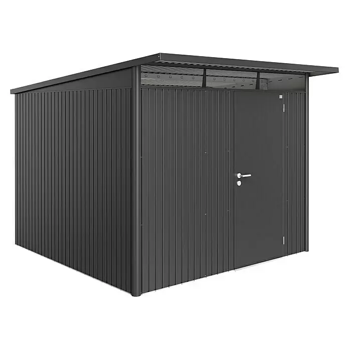 Biohort AvantGarde Gerätehaus A7 - Außenmaß inkl. Dachüberstand (B x T): 260 x 300 cm, Stahl, Dunkelgrau Metallic, Einzeltür - Diagonale Ansicht