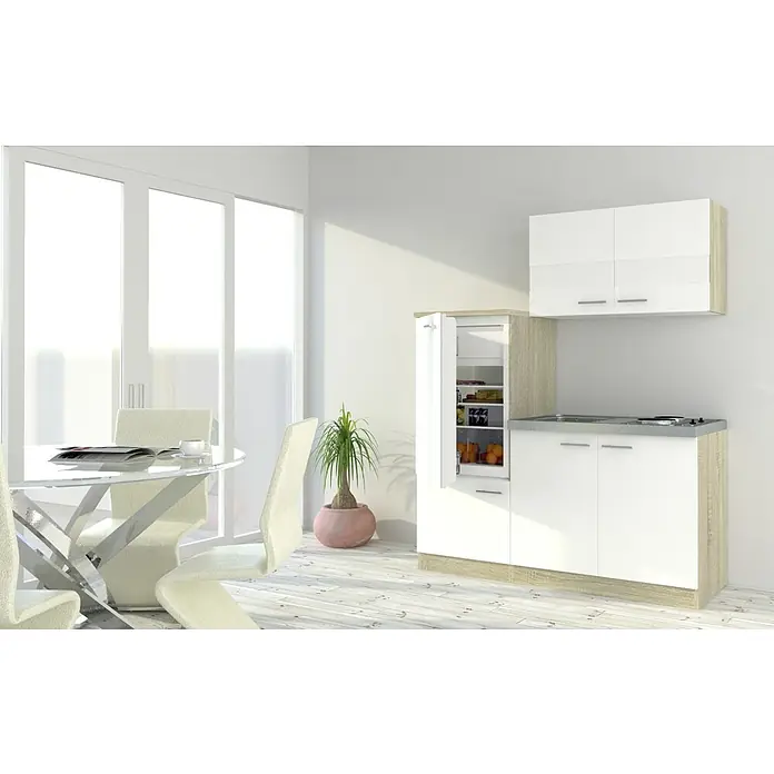 Respekta Singleküche Luis - Breite: 160 cm, Weiß, Mit Duo-Kochmulde - Eine moderne Küchenzeile in Weiß und Holzoptik mit Ober- und Unterschränken sowie einem Kühlschrank. Ideal für kleine Räume.