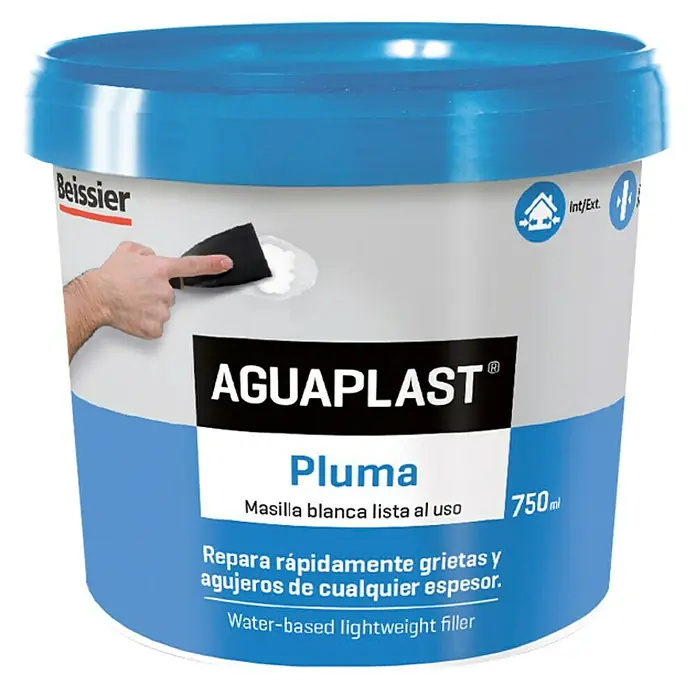 Beissier Aguaplast Masilla Pluma - 750 ml - Un bote de Aguaplast Pluma, masilla blanca lista al uso a base de agua para reparar rápidamente grietas y agujeros.