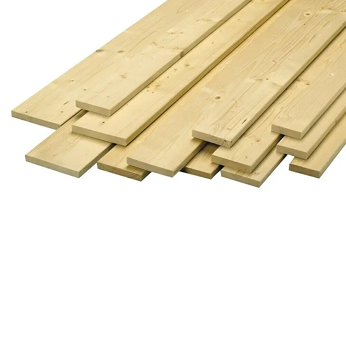 Universal-Schalbrett - 250 x 12,5 x 2 cm, Fichte - Ein Stapel unbehandelter Holzbretter, ideal für Bauprojekte und Heimwerkerarbeiten. Die Bretter sind hell und weisen eine schöne Maserung auf.