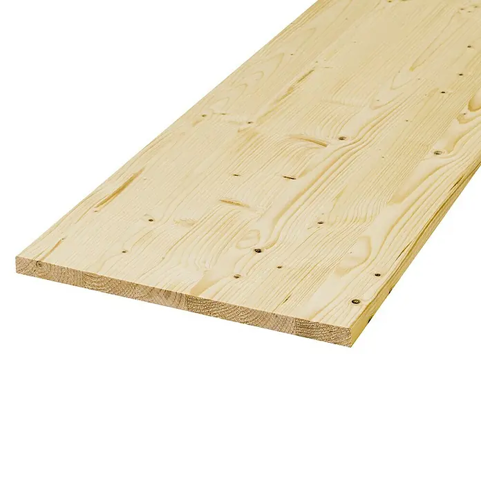Exclusivholz Leimholzplatte - Fichte, Qualitätsstufe Leimholzplatte: A/B, 1.000 x 200 x 18 mm - Nahaufnahme einer unbehandelten Holzplatte mit sichtbarer Maserung und Astlöchern vor schwarzem Hintergrund.