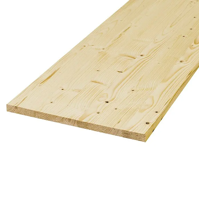 Exclusivholz Leimholzplatte - Fichte, Qualitätsstufe Leimholzplatte: A/B, 2.000 x 300 x 28 mm - Nahaufnahme einer hellen Holzplatte, die die natürliche Maserung und die feinen Details des Materials hervorhebt.