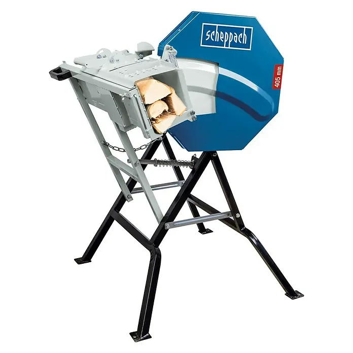Scheppach Wippkreissäge HS410 - 2,2 kW, Durchmesser Sägeblatt: 405 mm - Das Bild zeigt eine Scheppach Wippsäge, eine Maschine zum einfachen und sicheren Schneiden von Holz. Sie steht auf einem stabilen, schwarzen Untergestell.