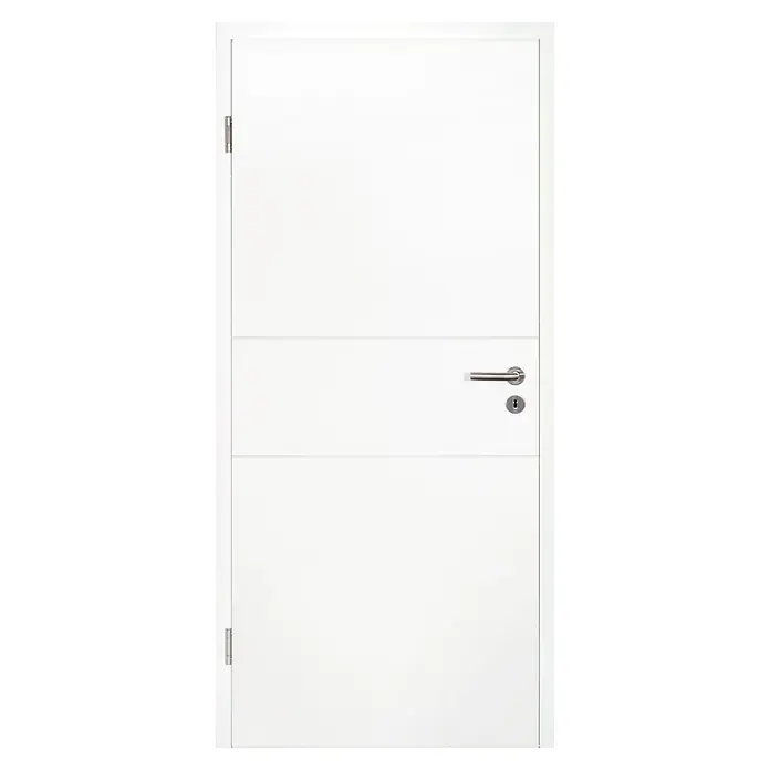 Kilsgaard Zimmertür 17/12 F-W - 860 x 1.985 mm, DIN Anschlag: Links, Weiß lackiert, ähnlich RAL 9010, Röhrenspan - Weiße Innentür mit horizontalen Paneelen, einem silbernen Türgriff und einem Schlüsselloch. Schlichtes und modernes Design.