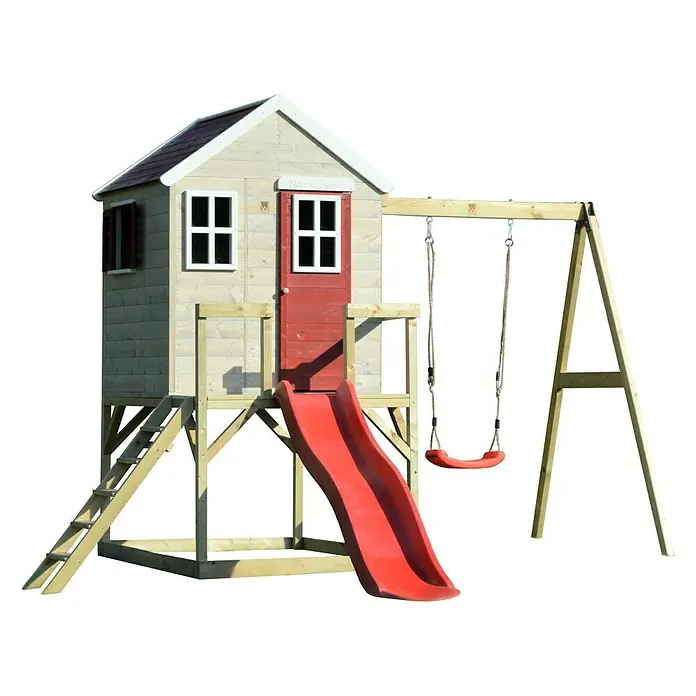 Wendi Toys Spielhaus Elefant - Glas, Natur/Rot - Dieses Bild zeigt ein farbenfrohes Kinderspielhaus mit Rutsche und Schaukel, ideal für Spaß im Garten.