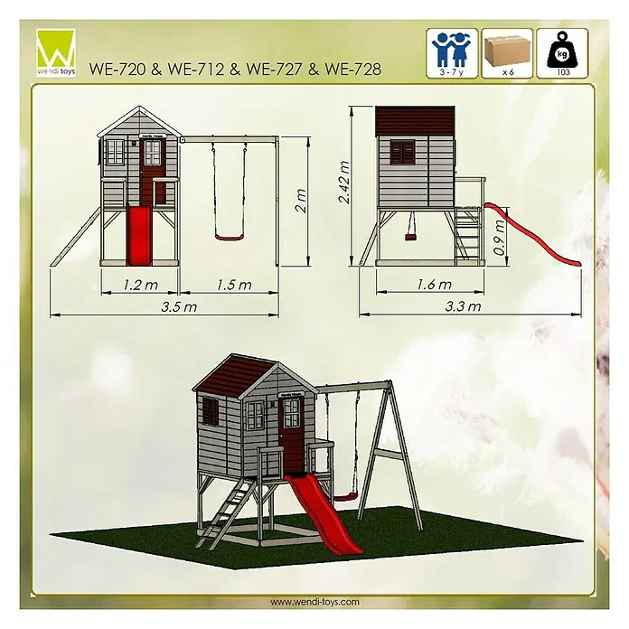 Wendi Toys Spielhaus Elefant - Glas, Natur/Rot - Abbildung eines Wendi Toys Spielhauses WE-720, WE-712, WE-727 und WE-728 mit Rutsche und Schaukel, ideal für Kinder zwischen 3 und 7 Jahren.